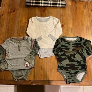 3 Boys Long Sleeve Bodysuits Burt’s Bees & Carters Layer Camouflage Sz 24 month